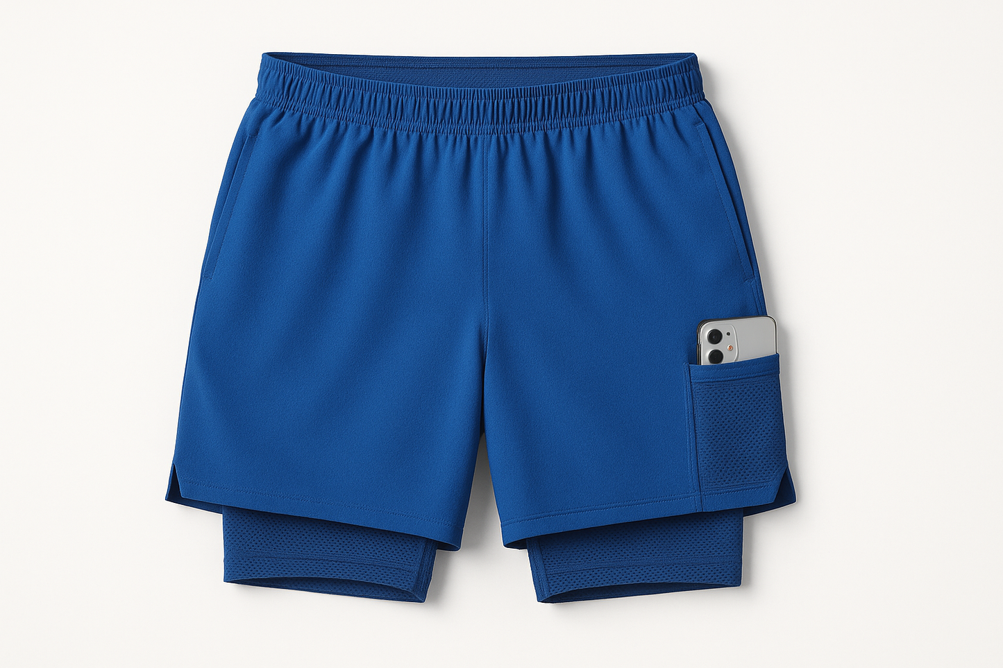 2-in-1 training short with breathable liner and phone pocket. Great for tempo runs, gym days, and interval training. 7 inches in cobalt for men