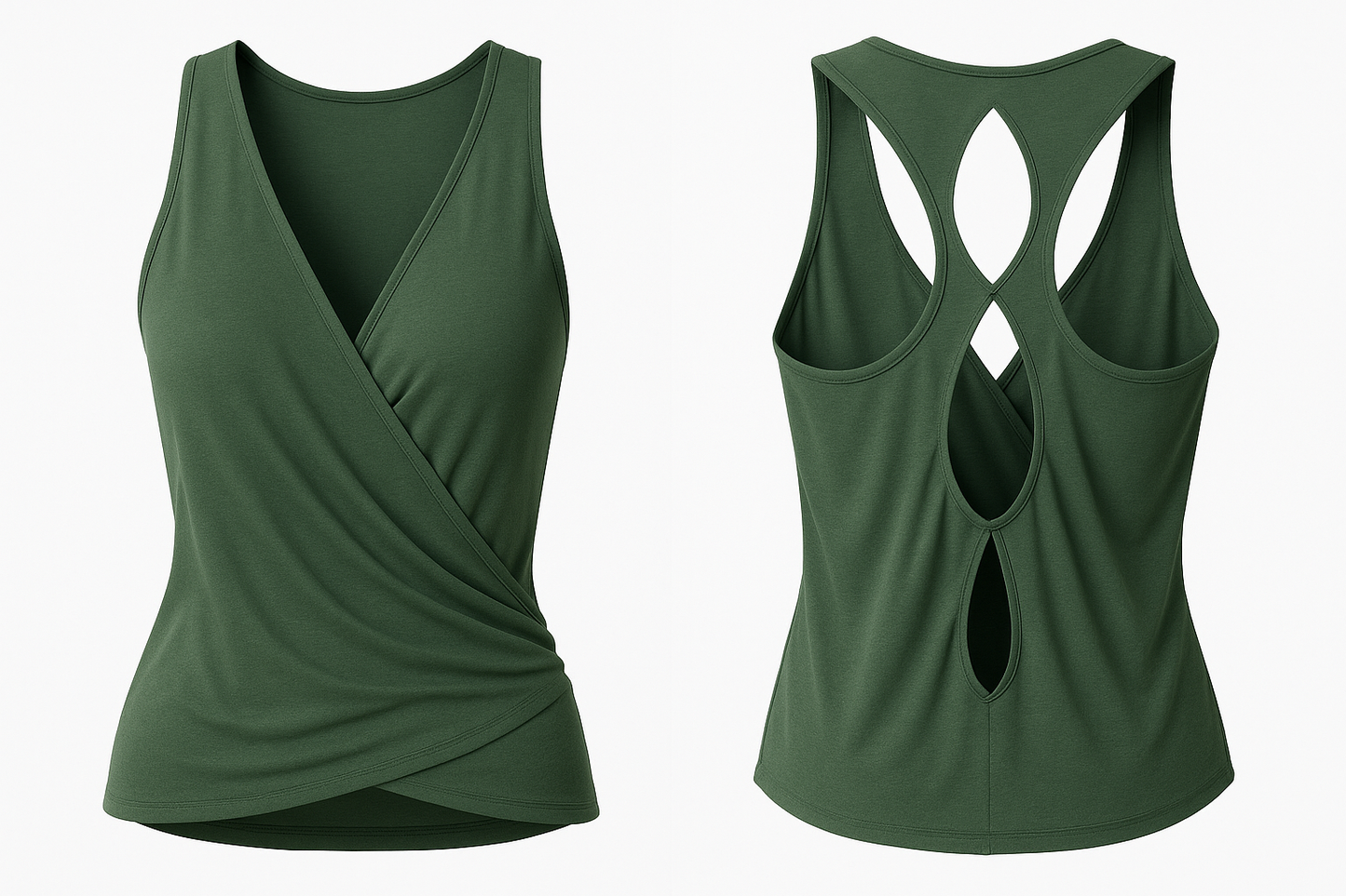 Featherlight wrap tank with open-back ventilation for cooling airflow. Ideal for hot yoga, Pilates, and studio-to-street layering. in the color ivy