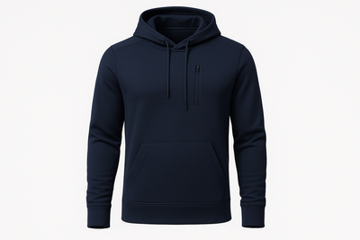 Thermoregulating performance hoodie with brushed interior and media pocket. Great for warm-ups, cool-downs, and chilly commutes. in deep navy for men